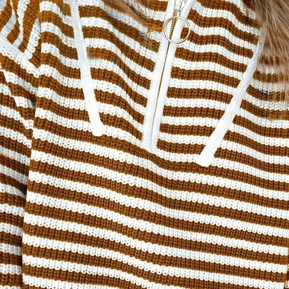 Khaki Cute Women's Boho Cotton Drop Shoulder Oversized Zip Up Pullover Sweater - Picture 2 of 3